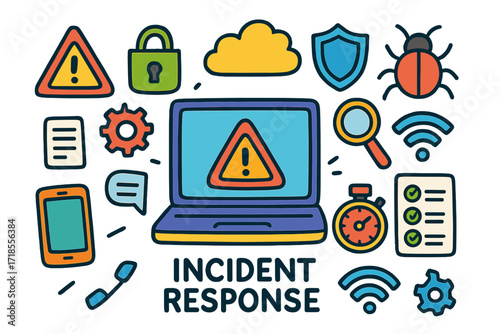 Cybersecurity Doodle Art. Incident Response. Colorful Hand-drawn doodle Children illustration laptop, warning triangle, bug, lock, shield, magnifying glass,