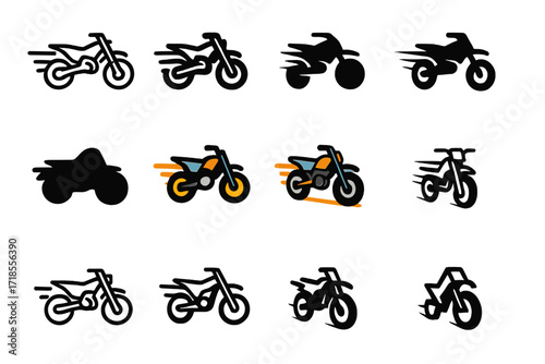 Dynamic Motocross Logo Set. Set Logo of Fast-Paced Sports: speeding motocross bike. Logo set in vector style, emblematic variations. line, bold thick line,