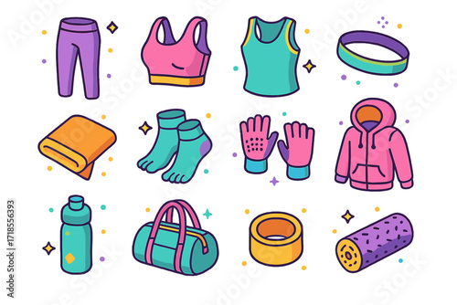 Yoga Gear Icons. Colorful isometric vector icons set of Yoga Outfits and Accessories: yoga leggings, sports bra, tank top, headband, sweat towel, barefoot