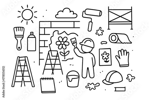 Urban Art Toolkit. Hand-drawn doodle illustration Creating a mural on a city wall paintbrush, spray can, paint roller, wall surface, ladder, bucket, safety