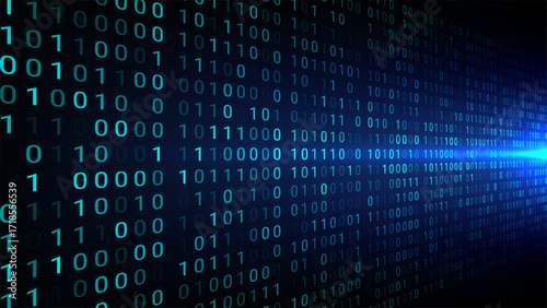 technology digital abstract art with binary code streaming in teal against dark background showing futuristic data flow and innovation illuminated by bright light source