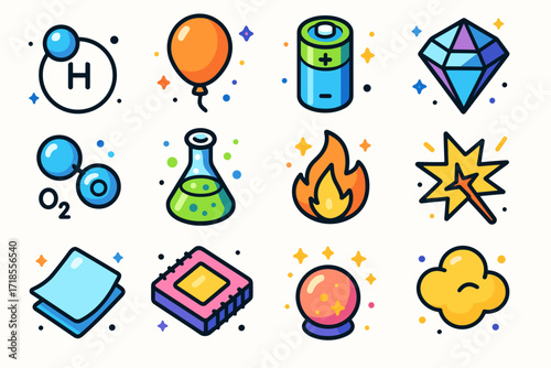Isometric Chemical Elements Icons. Colorful isometric vector icons set of chemical elements: hydrogen atom, helium balloon, lithium battery, carbon crystal,