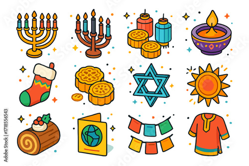Multicultural Holiday Icon Set. Colorful isometric vector icons set of multicultural holiday decor themes: menorah with candles, kinara, lantern festival