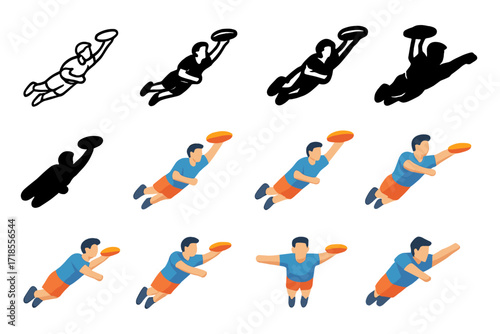 Ultimate Frisbee Logos. Set Logo of Fast-Paced Sports: ultimate frisbee diving catch. Logo set in vector style, emblematic variations. line, bold thick line,