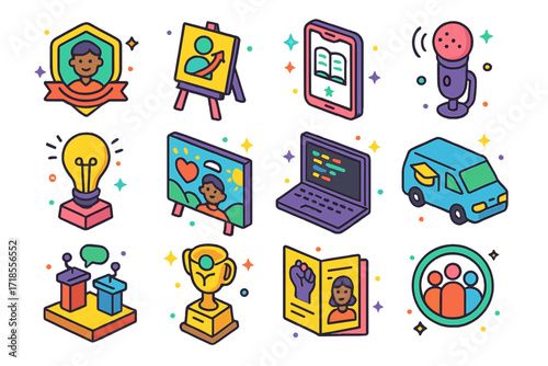 Youth Empowerment Icons. Colorful isometric vector icons set of Youth Empowerment Initiatives: youth mentor badge, leadership workshop flyer, free education