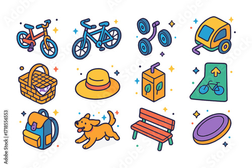 Family Cycling Icons. Colorful isometric vector icons set of family cycling day: child bike, tandem bicycle, training wheels, bike trailer, family picnic