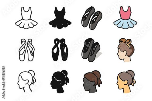 Classical Ballet Icons. Icon Set of Classical Ballet Influence: Tutu dress, Ballet slippers, Ribboned bun. Icons set in vector style, emblematic variations.