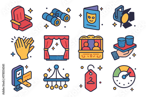 Theater Icon Set. Colorful isometric vector icons set of audience and theater setting: red velvet seat, opera glasses, playbill program, spotlight silhouette,
