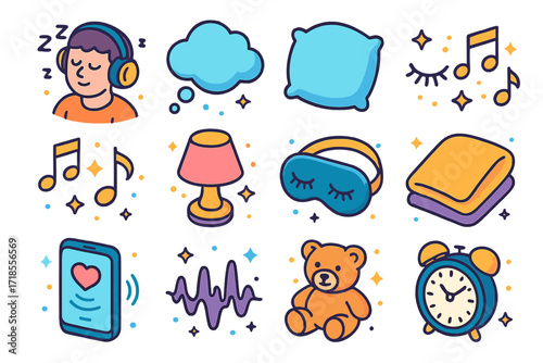 Sleepy Icons Collection. Colorful isometric vector icons set of a person falling asleep while listening to soothing music: sleeping person with headphones,