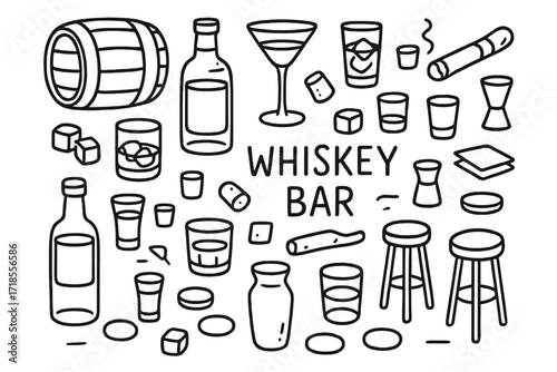 Whiskey Bar Doodle. Whiskey bar. Hand-drawn doodle illustration whiskey bar whiskey glasses, ice cubes, bottles, cigars, bar stools, coasters, barrels,