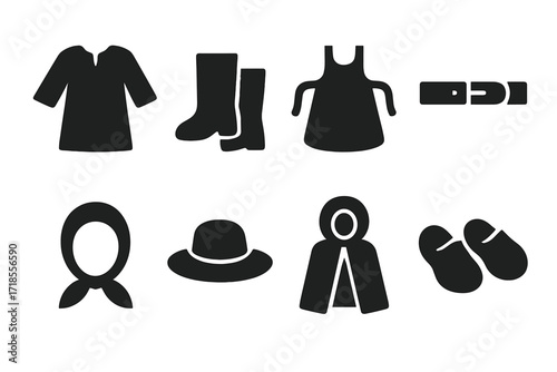 Black Peasant Clothing Icons. Solid, filled icon set of peasant clothing and accessories: tunic, boots, apron, belt, headscarf, straw hat, cloak, wooden shoes.
