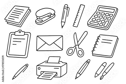 Office Supplies Doodle. Office Supplies. Hand-drawn doodle illustration catalog, paper stack, stapler, pen, pencil, ruler, calculator, clipboard, envelope,