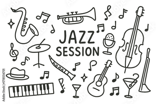 Jazz Instruments Doodle. Hand-drawn doodle illustration Jazz Session [saxophone, trumpet, double bass, piano, drum, cymbal, clarinet, music note, star,