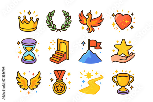 Symbolic Glory Icons. Colorful isometric vector icons set of Symbolic glory moments: gold crown with glow, laurel wreath, rising phoenix, spark-filled heart,