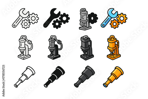 Steampunk Tool Icons. Icon Set of Steampunk tools: wrench with gears, steam hammer, brass telescope. Icons set in vector style, emblematic variations. Wrench