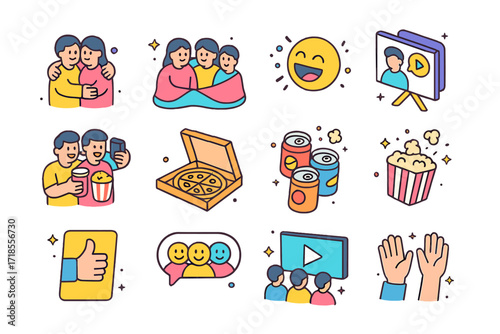 Friends' Movie Night Icons. Colorful isometric vector icons set of friends? movie night gathering: group hug icon, shared blanket, laughing emoji, film