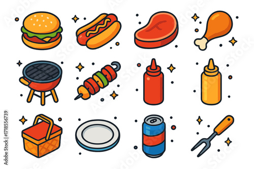 Barbecue Icon Set. Barbecue. Colorful isometric vector icons set of barbecue: burger, hot dog, steak, chicken drumstick, BBQ grill, kebab skewer, ketchup
