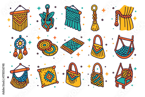 Vibrant Macrame Icons. Macrame Decor. Colorful isometric vector icons set of Macrame Decor: wall hanging, plant hanger, tasseled fringe, keychain,