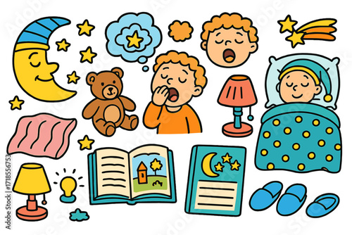 Bedtime Story Doodles. Colorful Hand-drawn doodle Children illustration Bedtime stories moon, stars, nightcap, teddy bear, blanket, pillow, storybook, sleepy