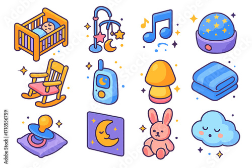 Nursery Icons Collection. Colorful isometric vector icons set of nursery night scenes: crib with sleeping baby, soft mobile hanging, lullaby music note, star