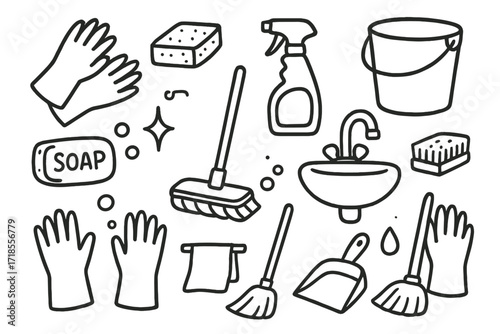 Cleaning Tools Doodle. Hand-drawn doodle illustration Rubber gloves cleaning sponge, spray bottle, bucket, soap bar, bubbles, mop, broom, dustpan, cloth, star