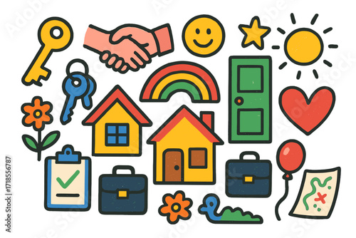 Colorful House Key Handover. Colorful Hand-drawn doodle Children illustration Learning with Blocks alphabet blocks, number blocks, star, heart, rainbow, sun,
