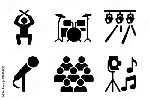 Concert Icon Set. Solid, filled icon set of drumsticks performance and stage: drummer silhouette, drum kit, microphone, stage lights, audience, spotlight,
