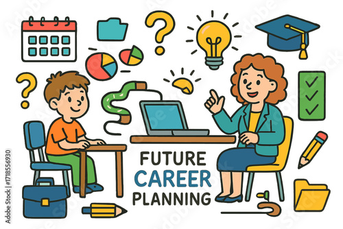 Career Counseling Doodle. Colorful Hand-drawn doodle Children illustration A Student Attending a Career Counseling Session for Future Career Planning student,