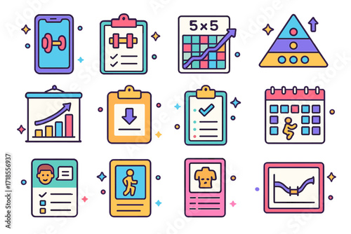 Isometric Fitness Icon Set. Colorful isometric vector icons set of squat training programs: strength training app, hypertrophy plan, 5x5 workout chart, pyramid