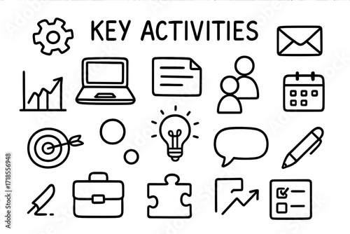 Business Activity Doodles. Hand-drawn doodle illustration Key Activities [gear, laptop, document, envelope, calendar, chart, light bulb, people icons, speech