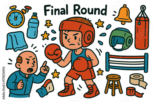 Boxer Ready for Battle. Colorful Hand-drawn doodle Children illustration A Boxer Preparing for the Final Round boxing gloves, sweat towel, water bottle,