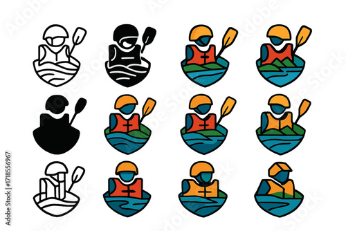 Rafting Adventure Logos. Set Logo of river rafting adventure: safety gear on ground. Logo set in vector style, emblematic variations. line, bold thick line,