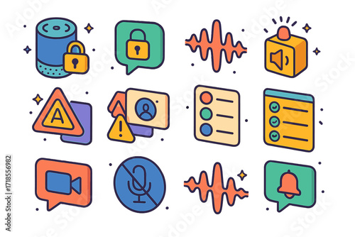 Voice Assistant Security Icons. Colorful isometric vector icons set of Voice assistant security controls: smart speaker with lock icon, ?lock the doors?