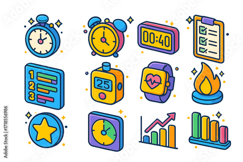 Colorful CrossFit Icons. Colorful isometric vector icons set of CrossFit timer and metrics: stopwatch, AMRAP clock, EMOM timer, WOD checklist, leaderboard, rep