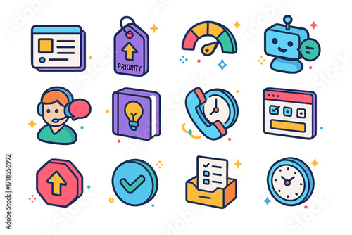 Customer Support Icons. Colorful isometric vector icons set of Customer support workflow: user ticket card, priority tag, satisfaction meter, support bot