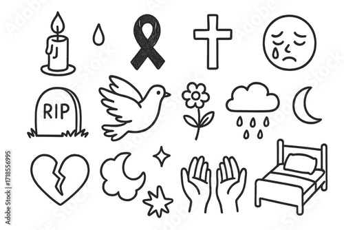 Mourning Symbols Doodle. Hand-drawn doodle illustration mourning candle, tear, black ribbon, cross, tombstone, dove, flower, crying face, heart, rain cloud,