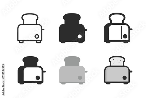 Toaster Logo Variations. Toaster Slot. Set Logo of Toaster Slot: classic toaster with bread slice. harmonious logo variations of the same emblematic concept,