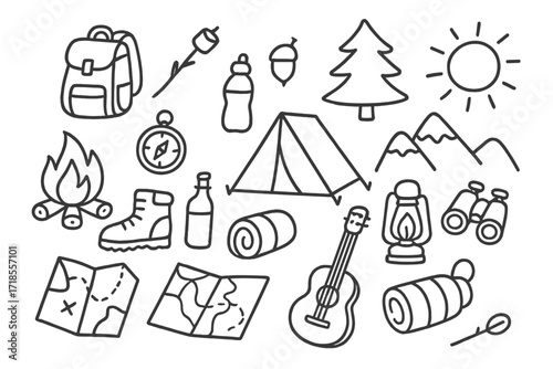 Camping Essentials Doodle. Hand-drawn doodle illustration Camping Site [tent, campfire, backpack, compass, hiking boots, map, lantern, sleeping bag, pine tree,