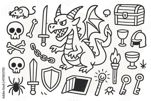Dungeon Adventure Icons. Hand-drawn doodle illustration dungeon monster dragon, skull, bones, sword, shield, helmet, goblet, torch, treasure chest, rat,