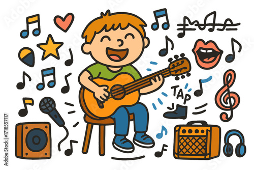 Musical Kids' Doodle. Colorful Hand-drawn doodle Children illustration Playing Guitar guitar, music notes, pick, strings, amplifier, stool, star, heart,