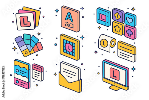 Brand Consistency Icons. Colorful isometric vector icons set of Brand Consistency Assets: logo variations, typography guide, spacing rules card, color swatch