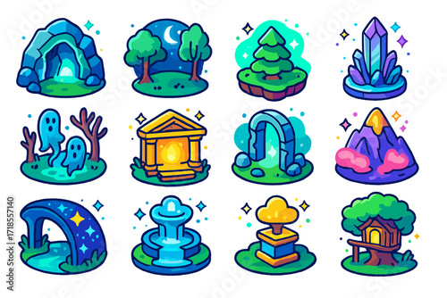 Fantasy Isometric Icon Set. Colorful isometric vector icons set of fantasy environments with mystic light: glowing cave entrance, moonlit forest, floating