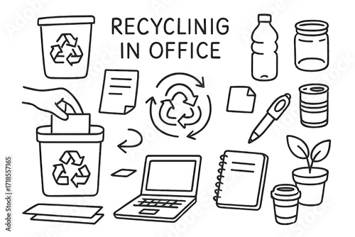 Office Recycling Doodles. Hand-drawn doodle illustration [Recycling in office] [trash bin, paper sheet, plastic bottle, glass jar, metal can, recycle symbol,