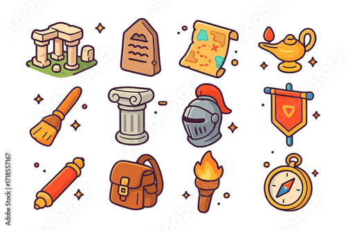 Historical Excursion Icons. Colorful isometric vector icons set of Historical excursion: ancient ruins, stone tablet, old map, oil lamp, archaeological brush,