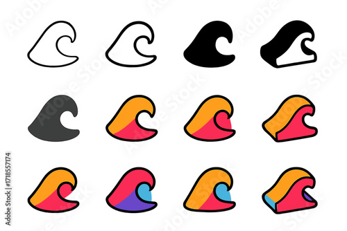 Abstract Wave Logo Grid. Set Logo of Brand Identity: Abstract wave shape. Logo set in vector style, emblematic variations. line, bold thick line, solid black