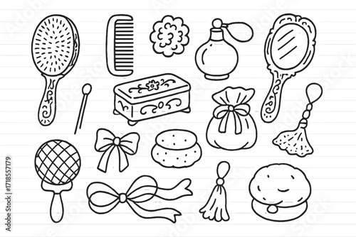 Vintage Toiletry Sketch. Hand-drawn doodle illustration [Vintage hairbrush set] [ornate brush, ivory comb, hand mirror, bristle pattern, carved handle, perfume
