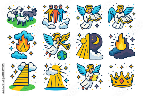 Biblical Judgment Icons. Colorful isometric vector icons set of biblical scenes of judgment: separation of sheep and goats, rising souls, angels opening books,