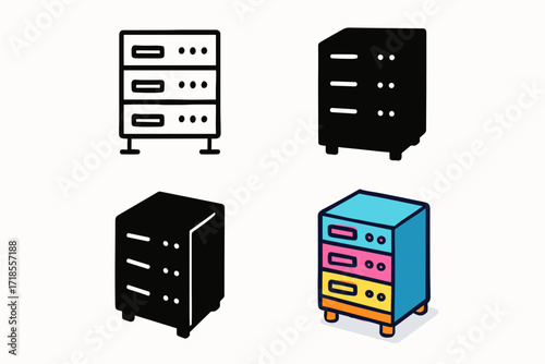 Colorful Server Racks. Server rack line, Server rack solid black filled, Server rack solid black isometric, Server rack isometric flat (Colorful isometric with