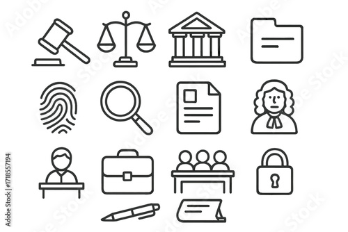 Courtroom Doodle Icons. Hand-drawn doodle illustration evidence being presented in court gavel, scales of justice, courthouse, file folder, fingerprint,