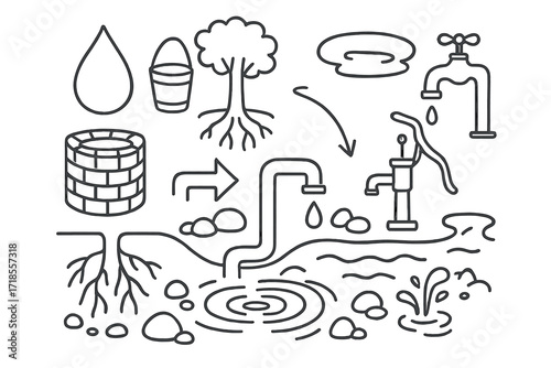 Underground Water Doodle. Hand-drawn doodle illustration Underground Water Flow [droplet, well, bucket, underground layer, pipe, root, rock, stream, ripple